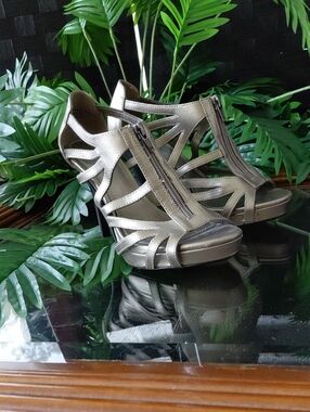 Cato Metallic Pewter Strappy Peep-Toe Heels with Front Zipper